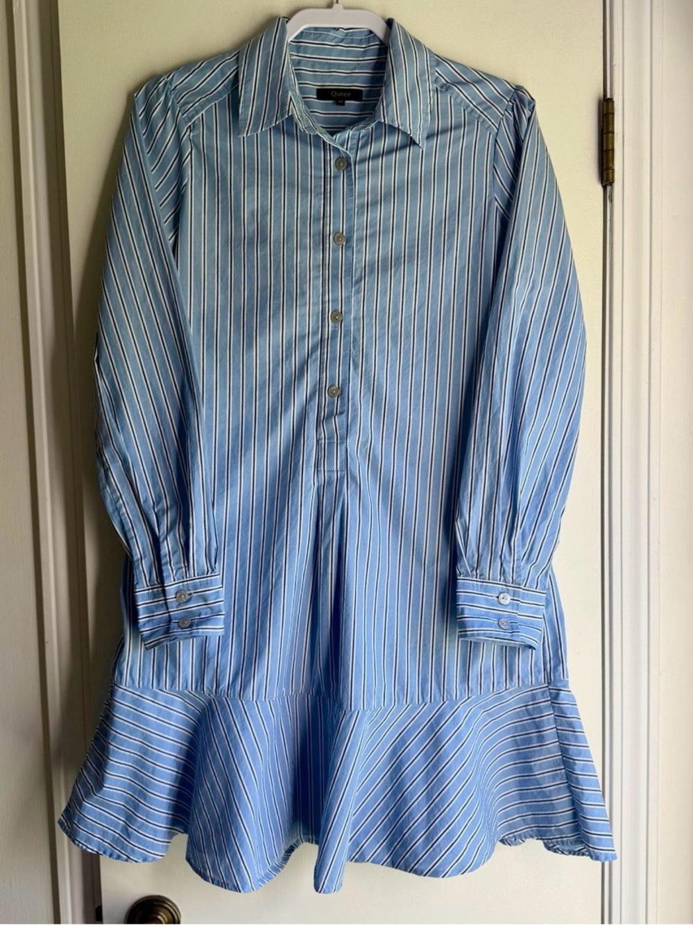 Quince Organic Cotton Striped Flounce Hem Shirt Dress Blue White XS RK001